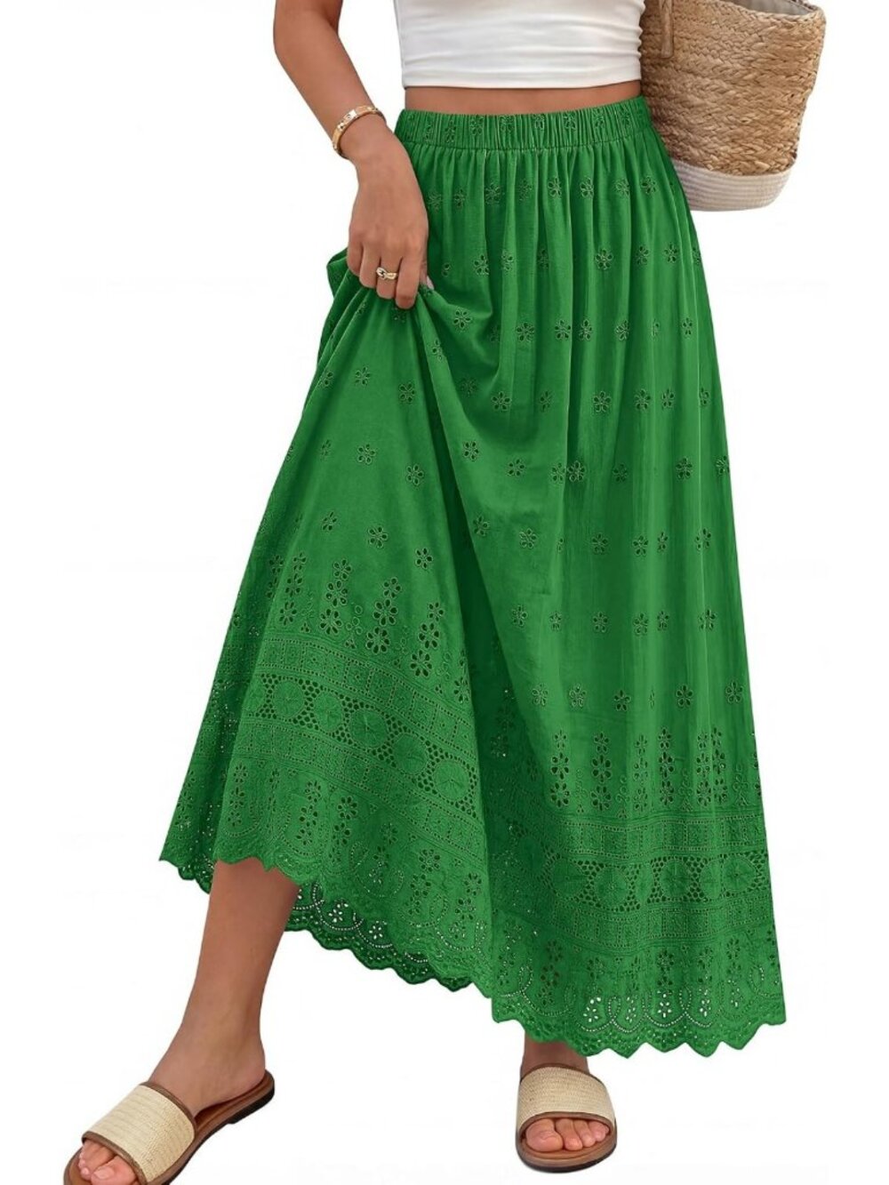 Boho Eyelet A-Line Maxi Skirt | Flowy Cotton Summer Skirt for Women